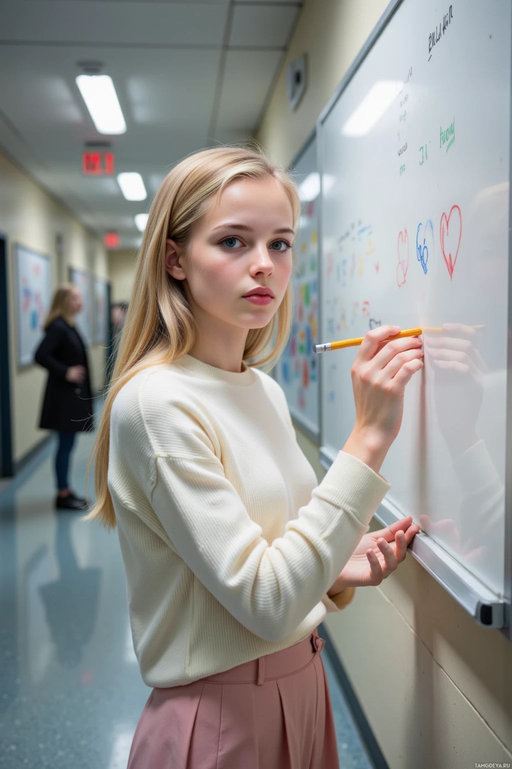 A person in a white sweater and pink skirt stands in a hallway, holding a pencil near a whiteboard.