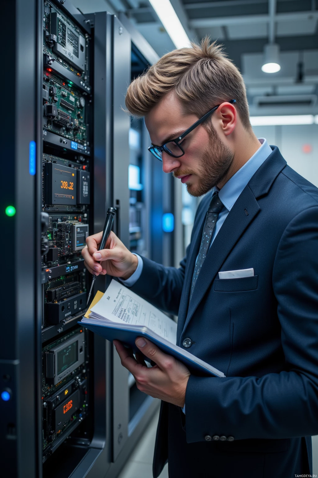A man in a suit is inspecting server equipment while taking notes.