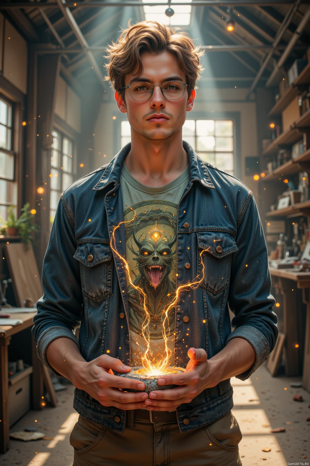 A person wearing a denim jacket and holding a glowing orb with a demonic face design.