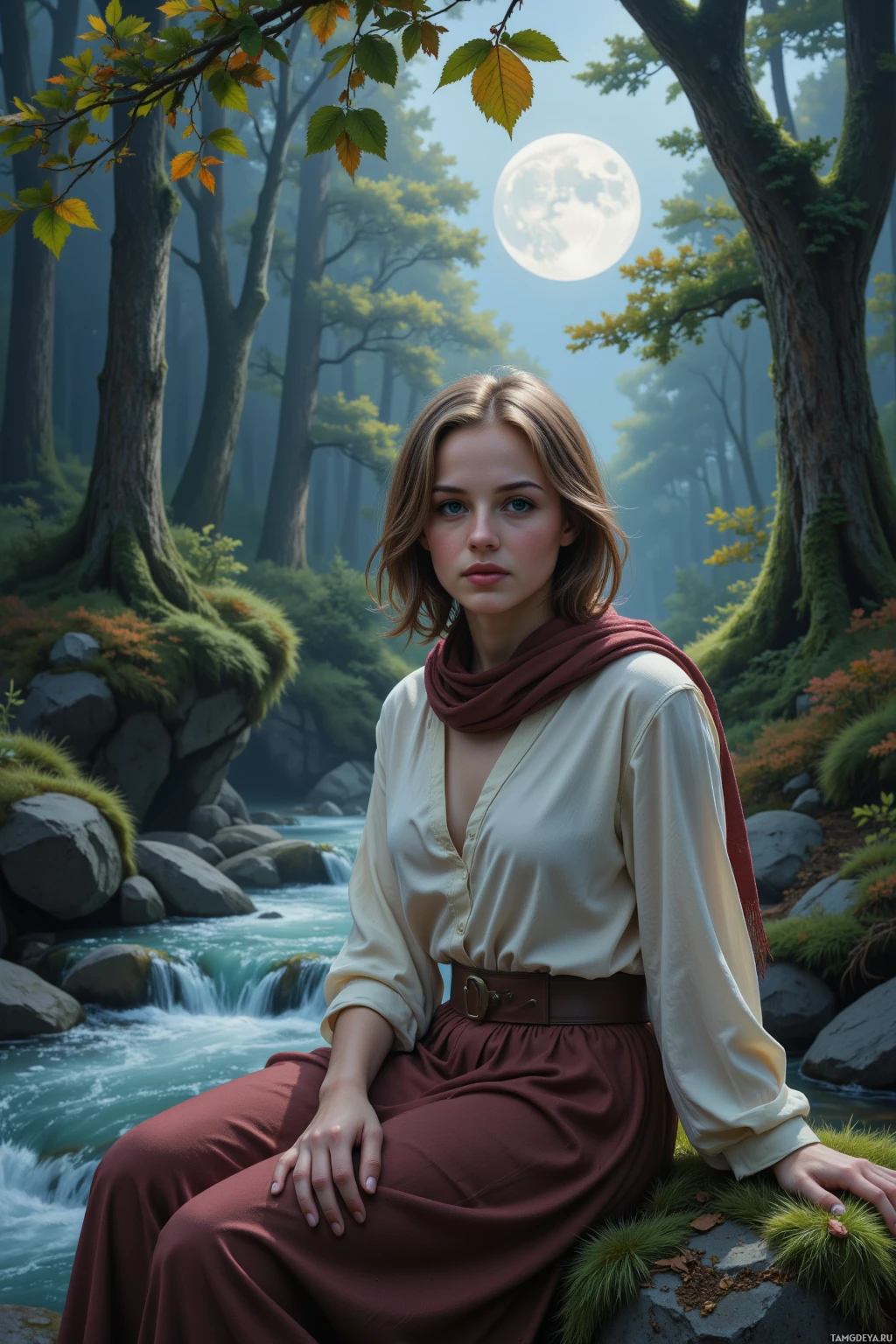 A woman sits by a serene river in a lush forest under a full moon.