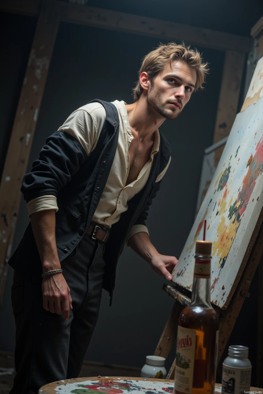 A man leans over an easel in a dimly lit studio, surrounded by paint and art supplies.