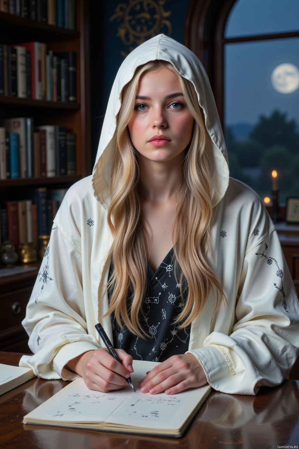 A person wearing a hooded robe sits at a desk, writing in a notebook.