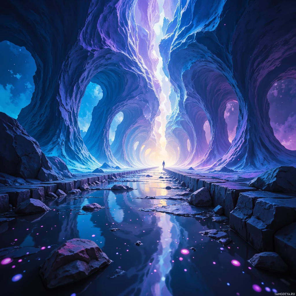 A surreal, ethereal cave with vibrant purple and blue hues and a glowing light at the end.