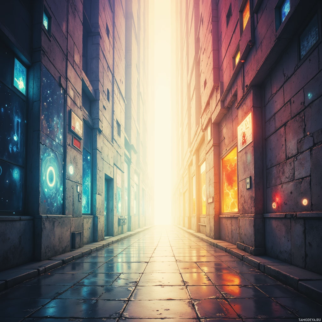 A narrow alleyway with glowing windows and a bright light at the end.