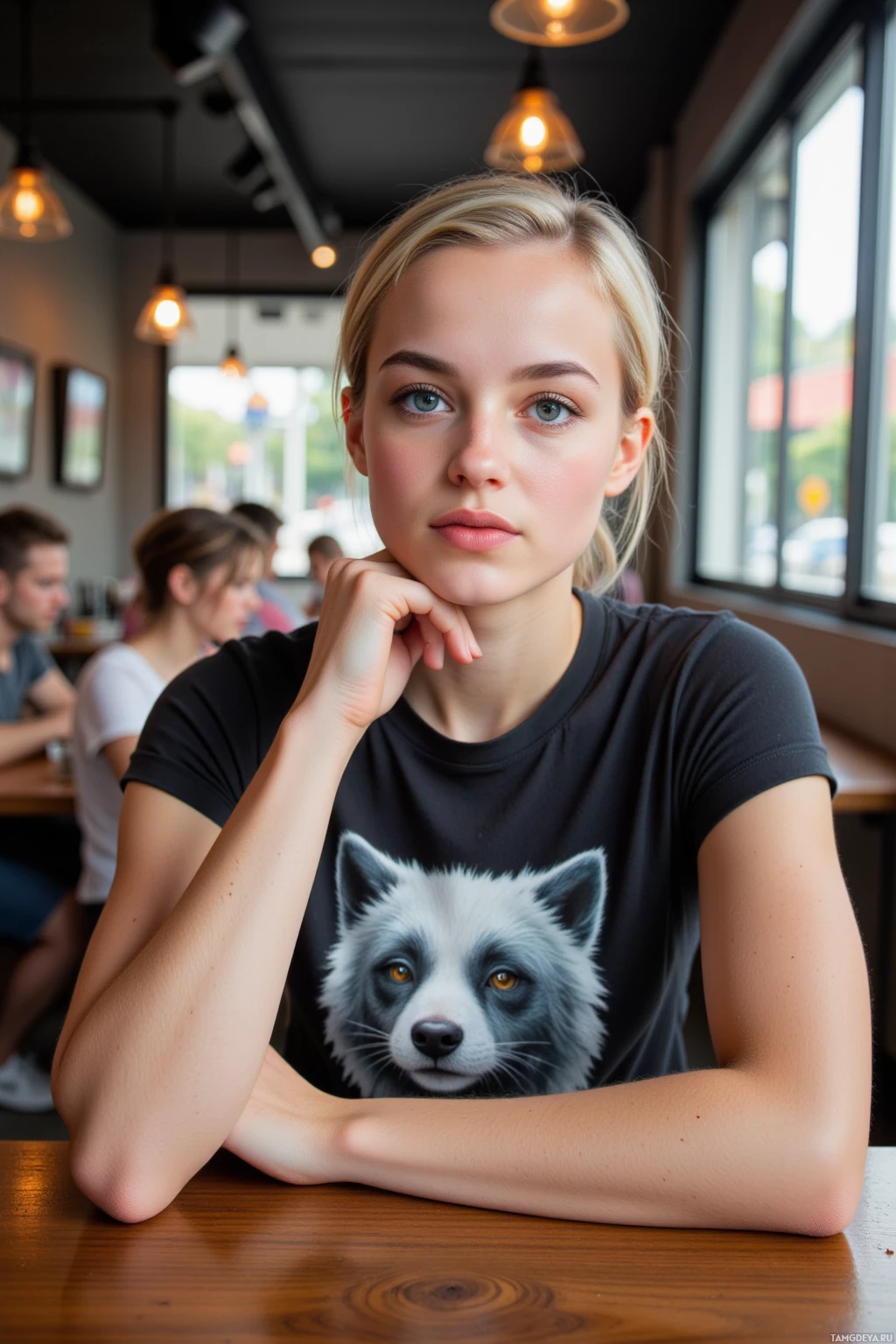 A person wearing a black t-shirt with a fox design sits at a table in a café.