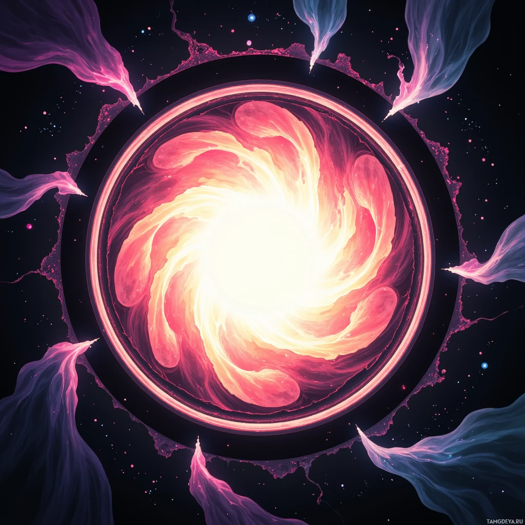A swirling cosmic vortex with vibrant pink and orange hues against a dark background.