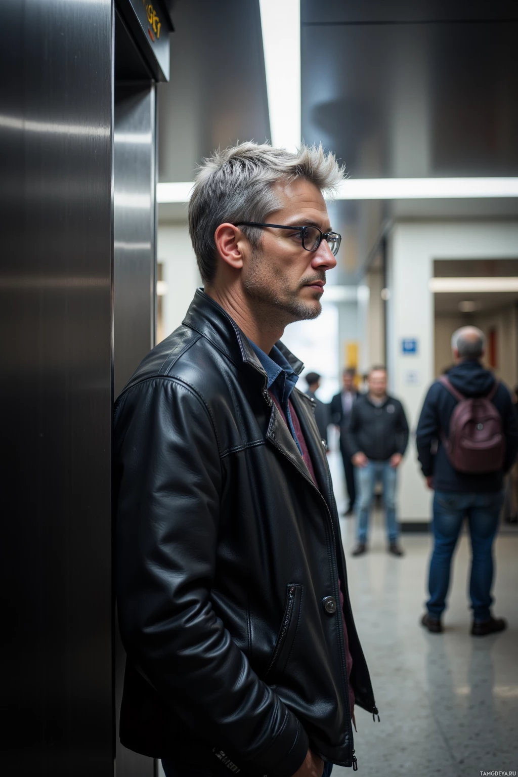 A man in a black leather jacket stands in an elevator, looking to the side.