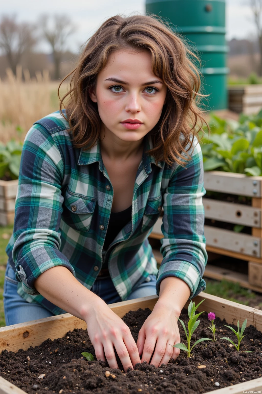 A person in a plaid shirt is planting small plants in a garden bed.