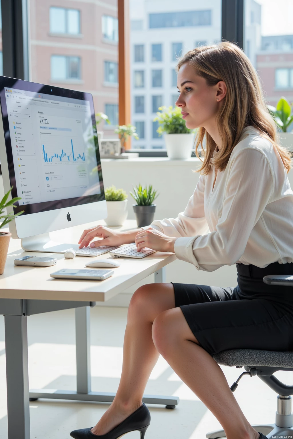 A woman is working at a desk in an office, using a computer.