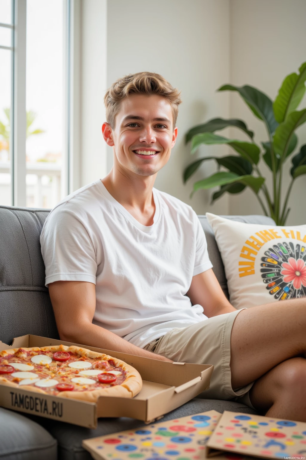 A person in a white shirt sits on a couch with a pizza box and a game in front of them.