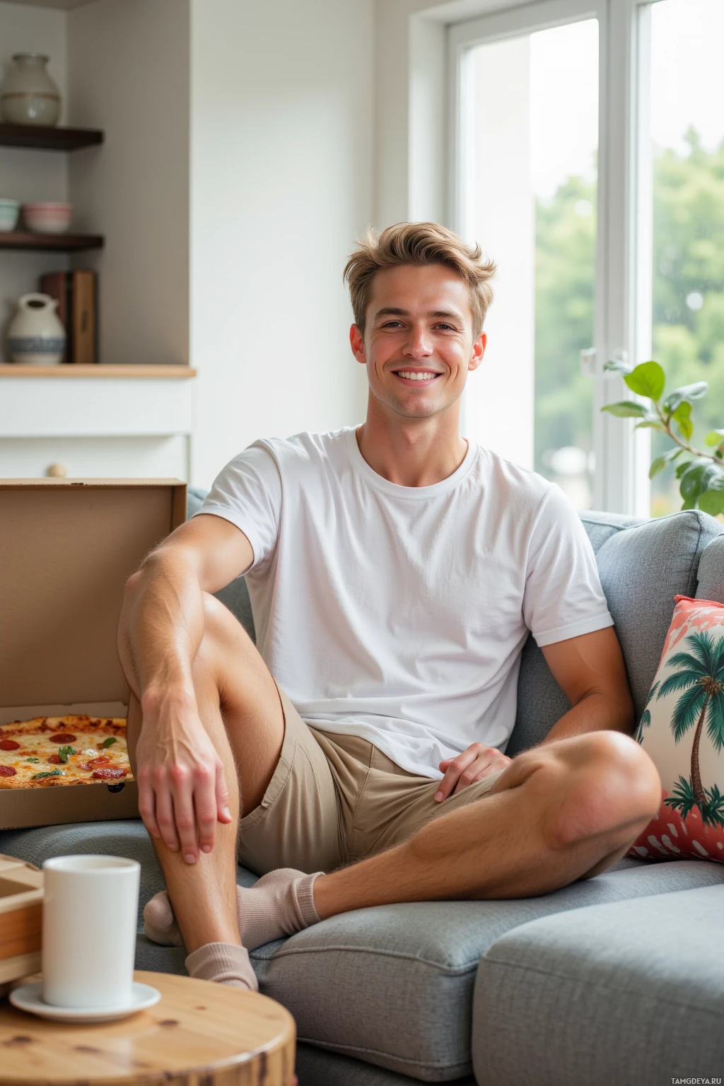 A man in a white t-shirt and khaki shorts sits on a couch with a pizza box and a mug nearby.