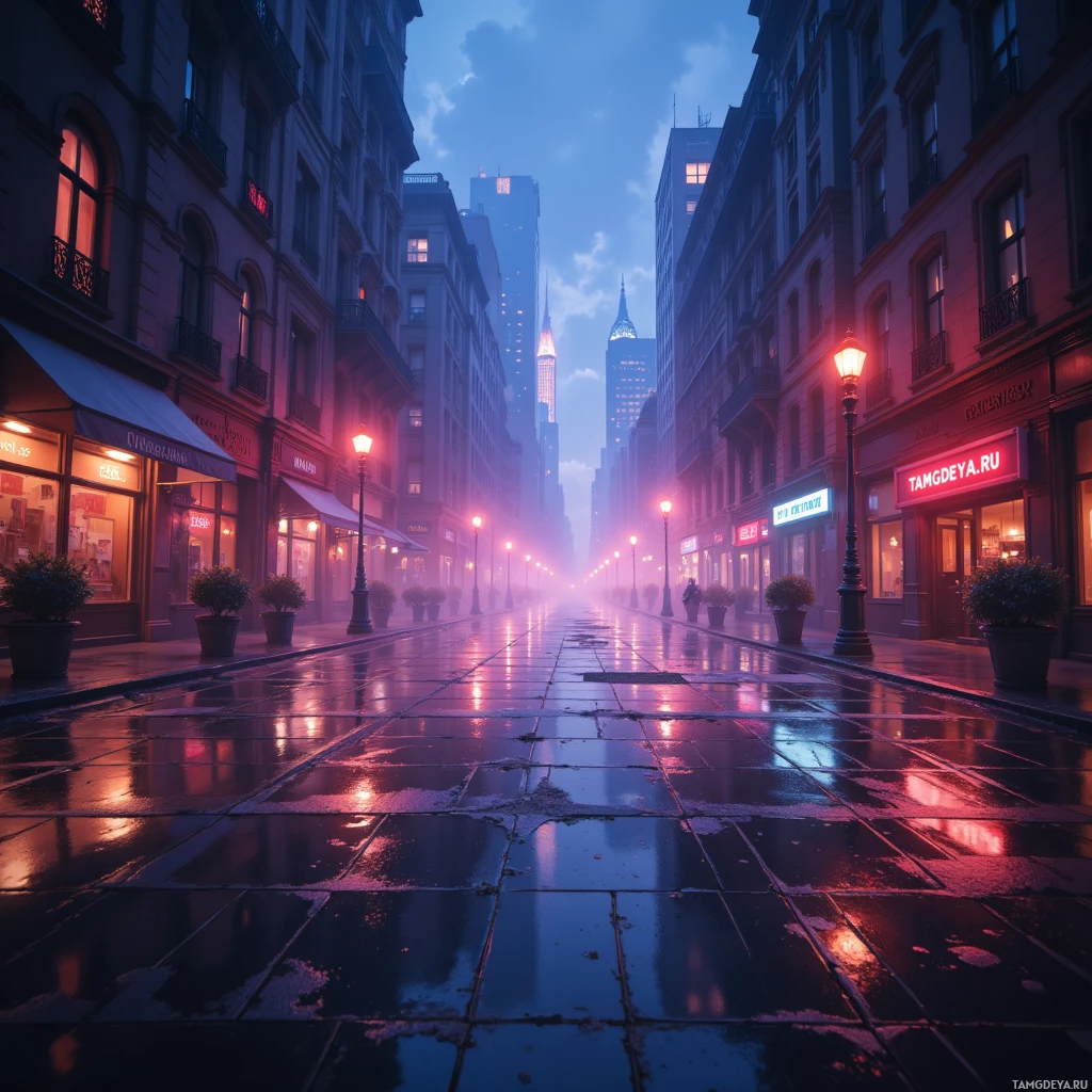 A wet city street at dusk with illuminated storefronts and a distant skyscraper.