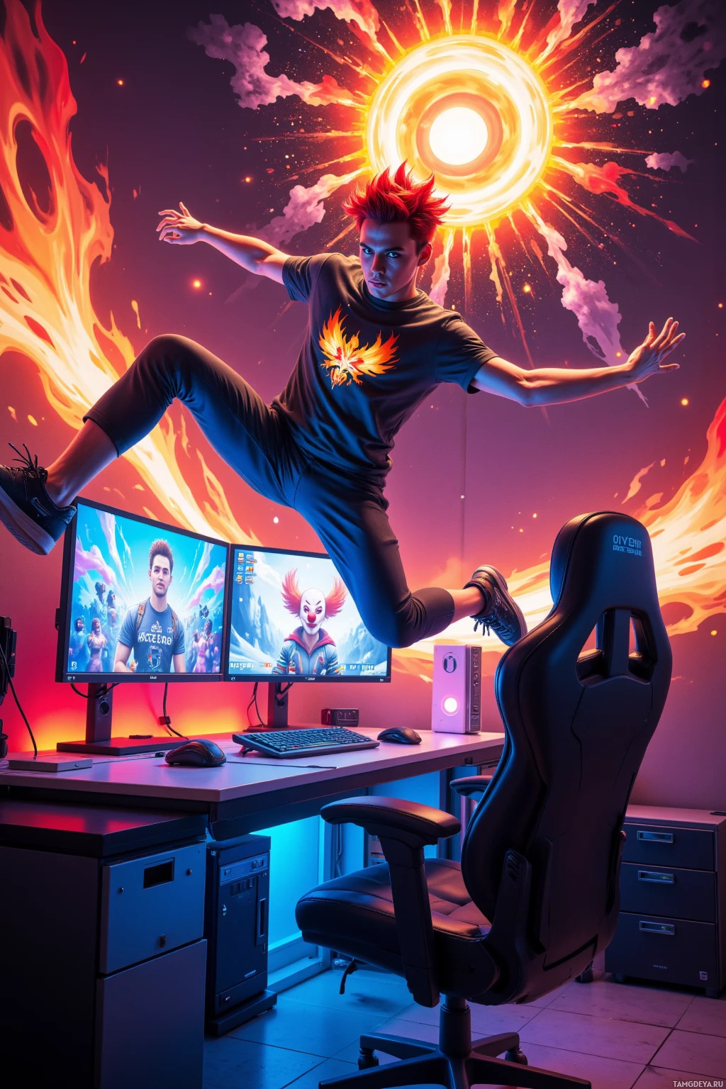 A dynamic image of a person leaping in front of a vibrant gaming setup with dual monitors and a gaming chair.