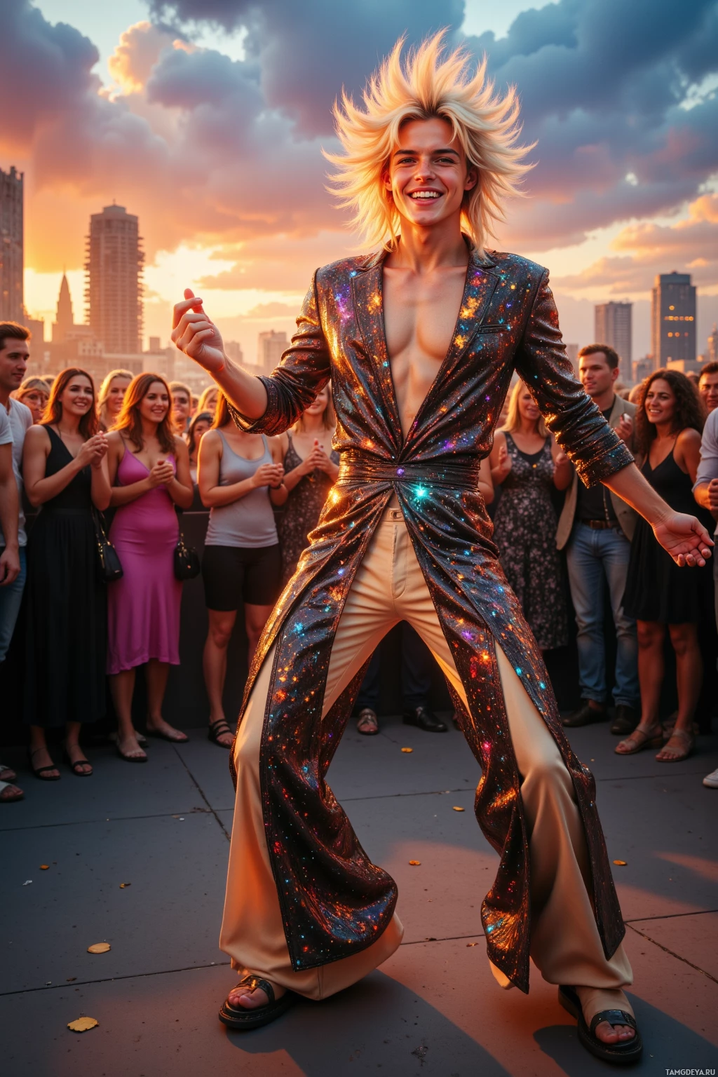 A person in a glittery jacket dances in front of a crowd against a sunset backdrop.