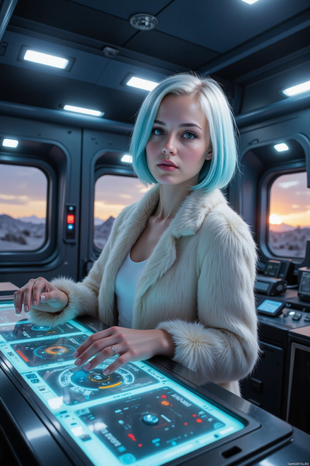 A person in a futuristic setting, wearing a fur coat, interacts with a high-tech control panel.