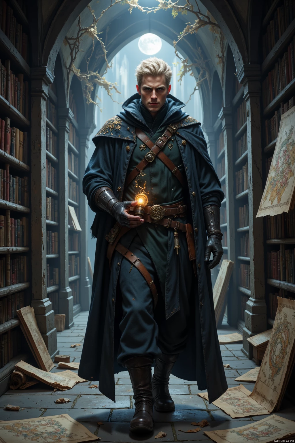 A man in a medieval-style outfit stands in a library with books and a glowing object in his hand.