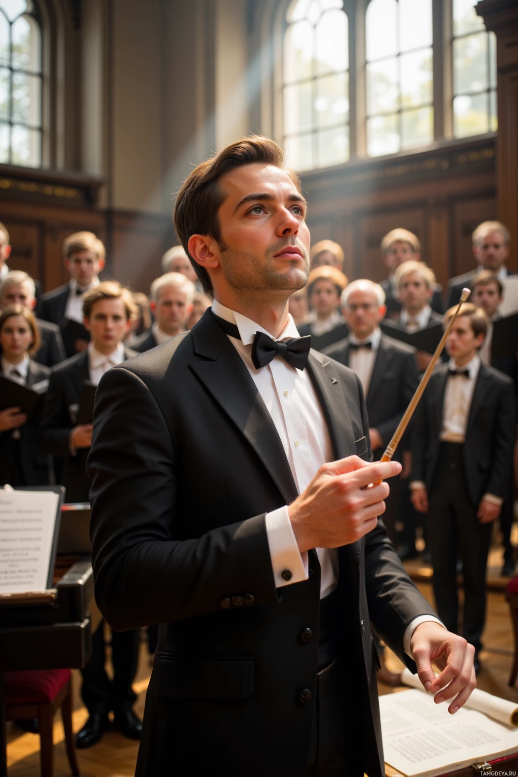 A conductor in a formal suit holds a baton, leading a choir in a grand hall.