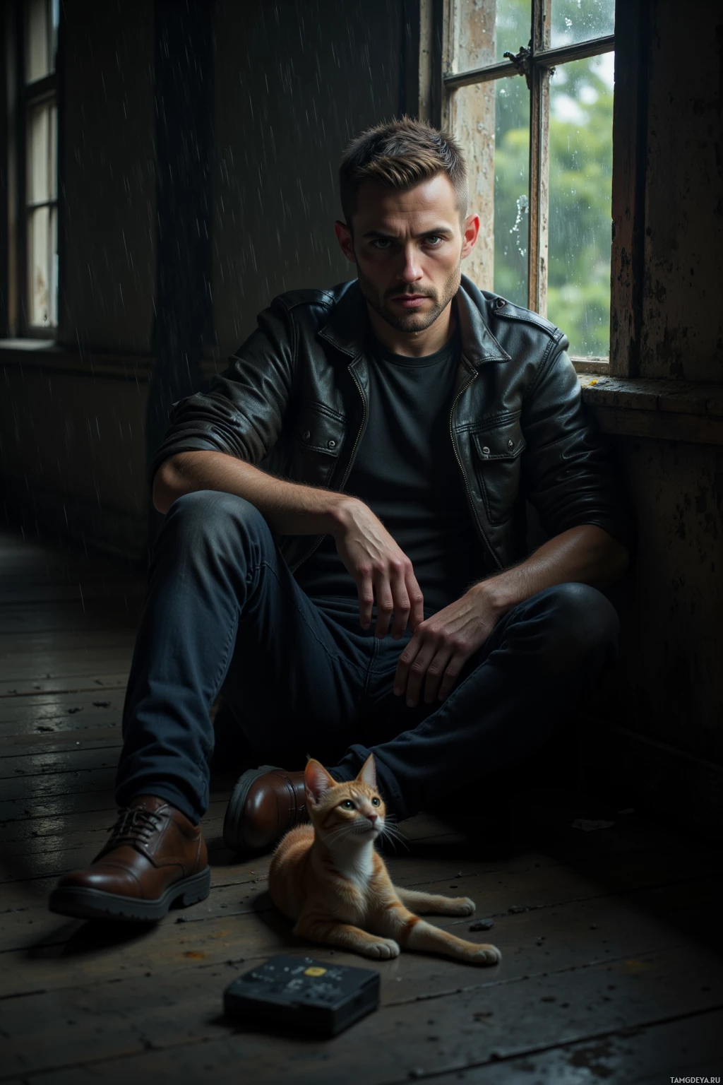 A man in a leather jacket sits on a wooden floor with a cat beside him, near a window with raindrops.