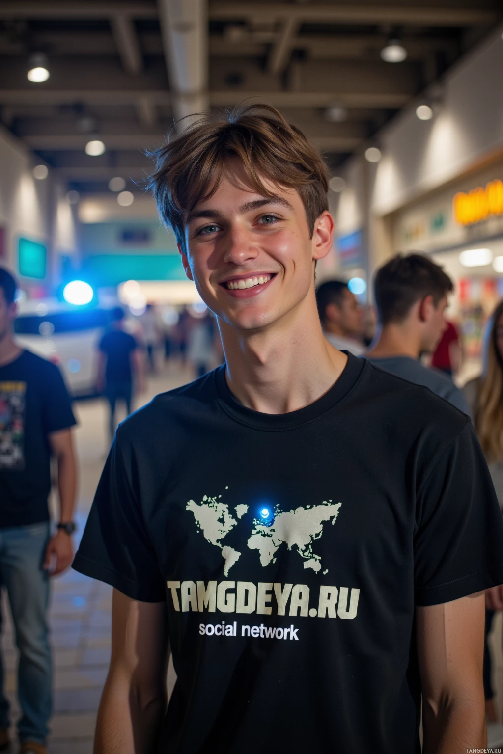 A young man wearing a black t-shirt with a world map design and text stands in a well-lit indoor setting.