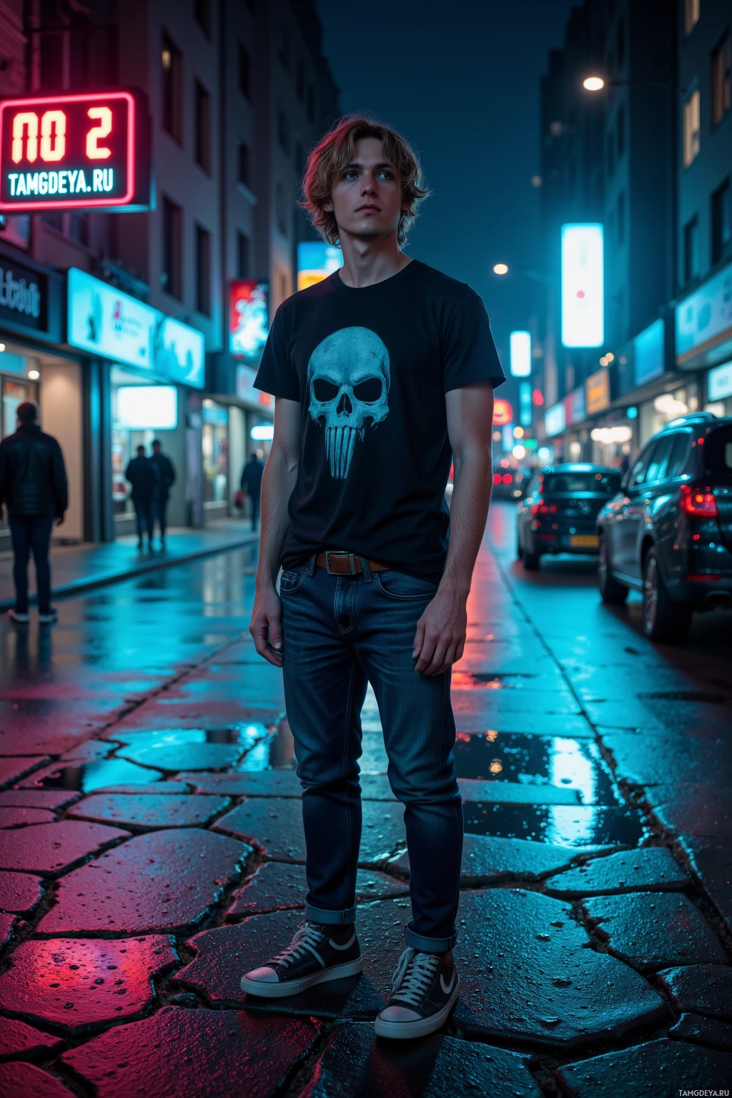 A young man stands on a wet street at night, wearing a skull t-shirt and jeans.