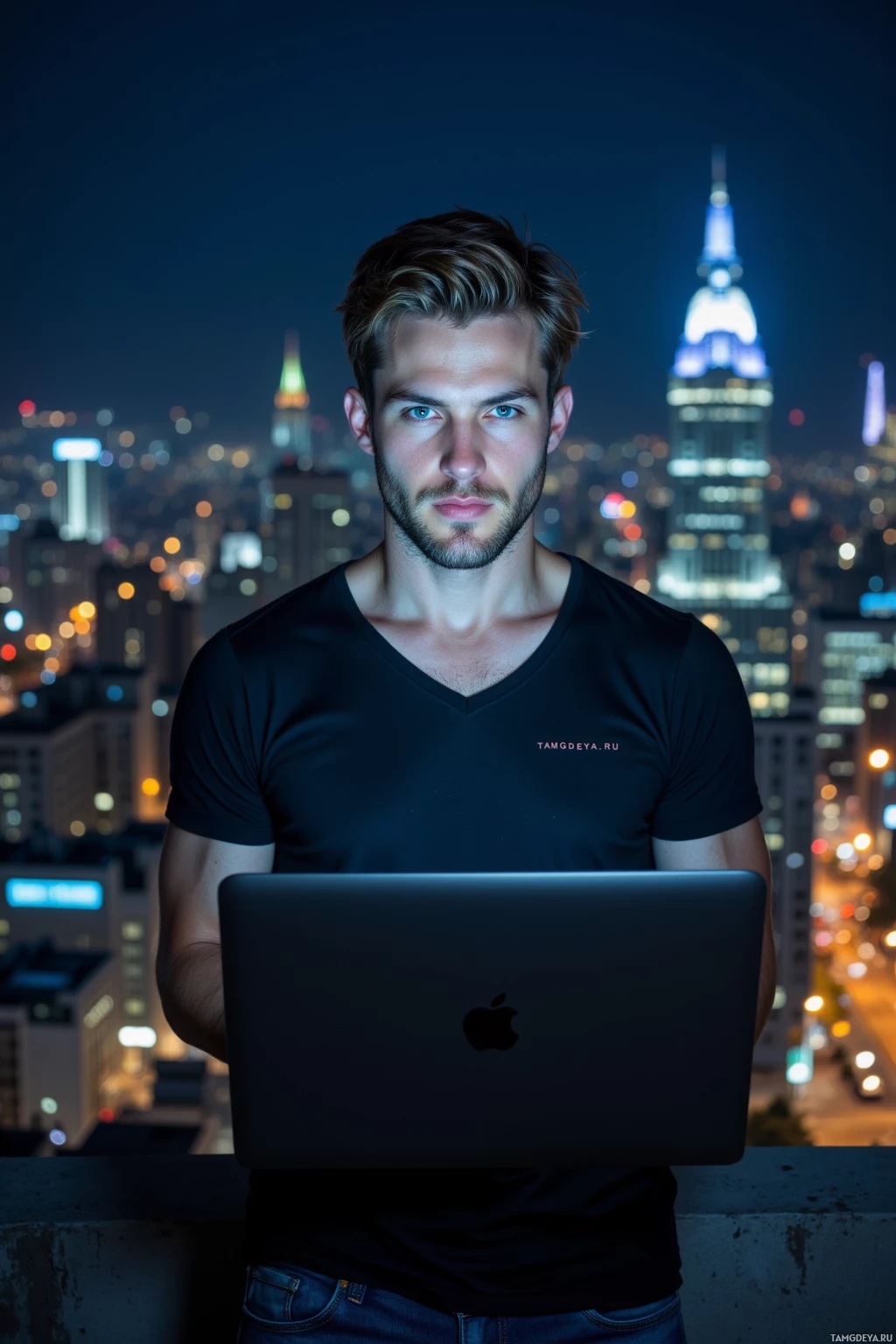 A person stands on a rooftop at night, holding a laptop with a cityscape in the background.