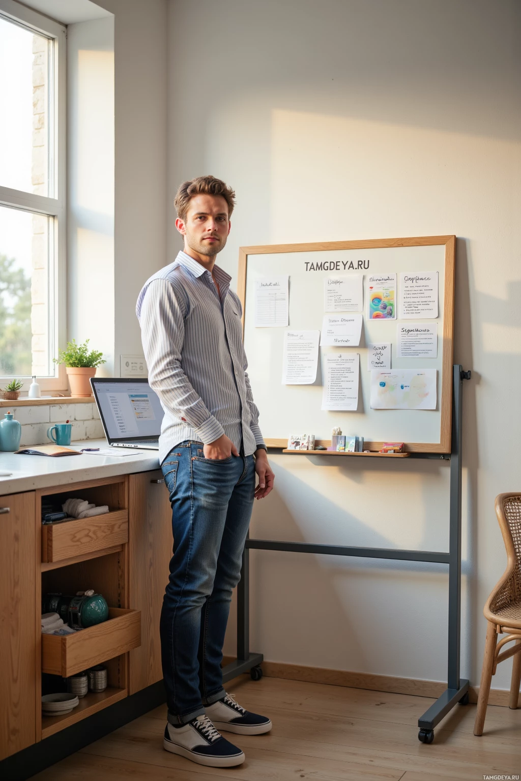 A man stands in a modern office space, leaning against a whiteboard with notes and a laptop on a desk nearby.