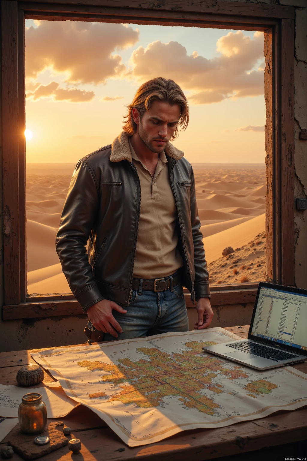 A man stands by a window overlooking a desert landscape, with a map and laptop on a table in the foreground.