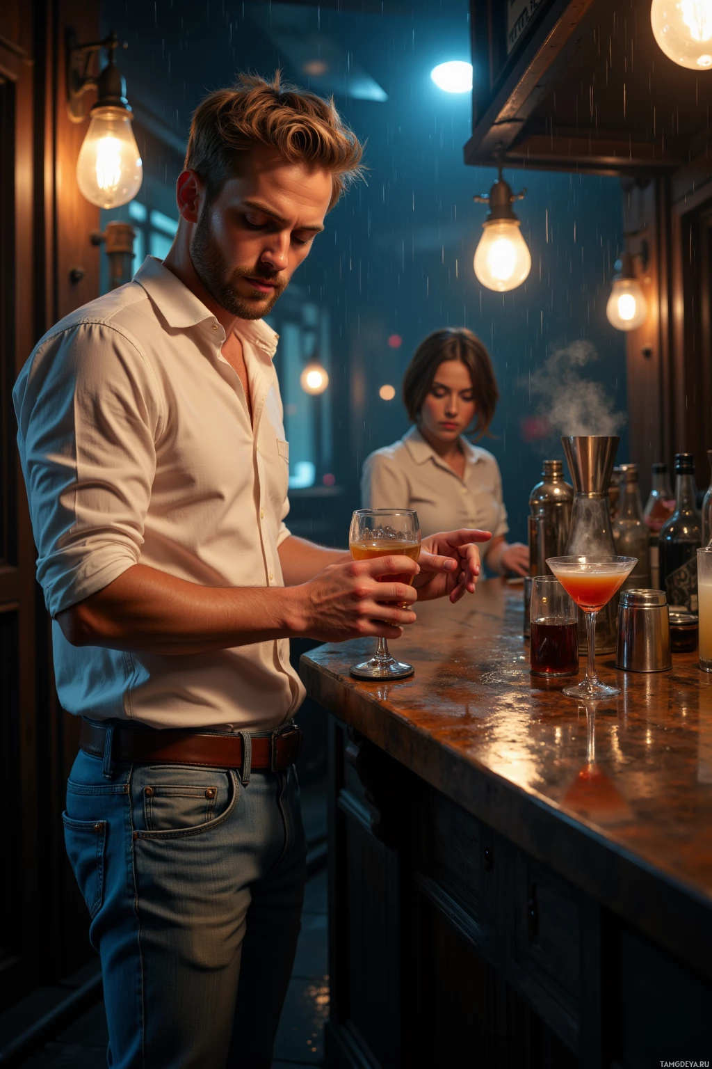 A man in a white shirt stands at a bar, holding a glass of beer, with another person in the background.