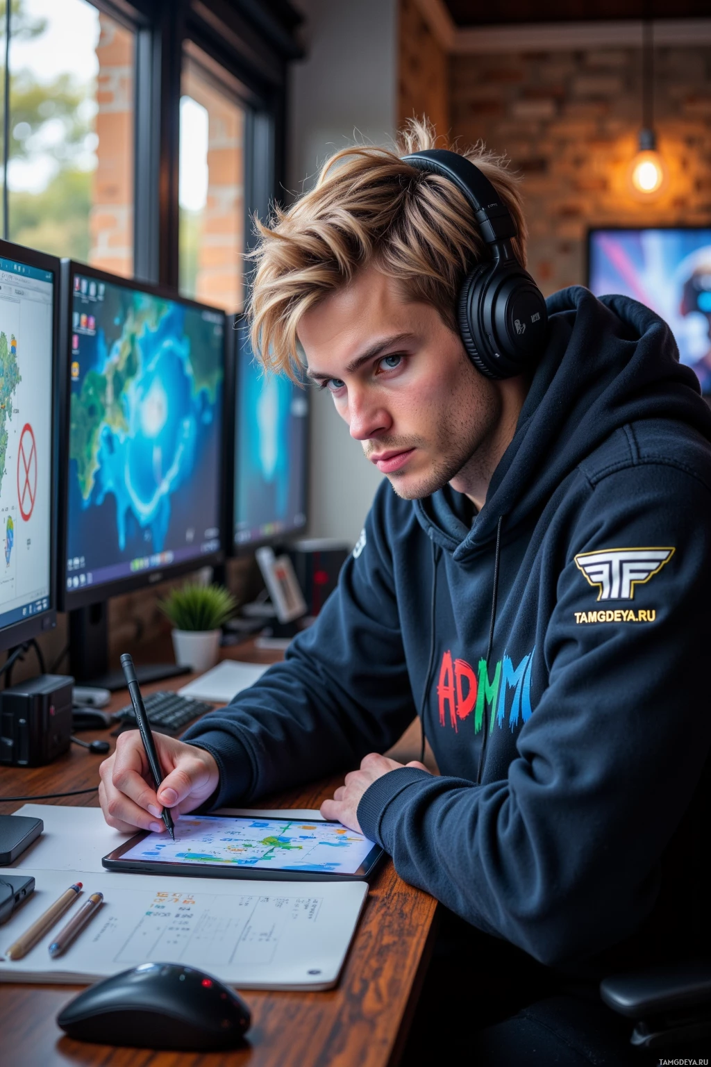A person wearing headphones works at a desk with multiple monitors and a tablet.