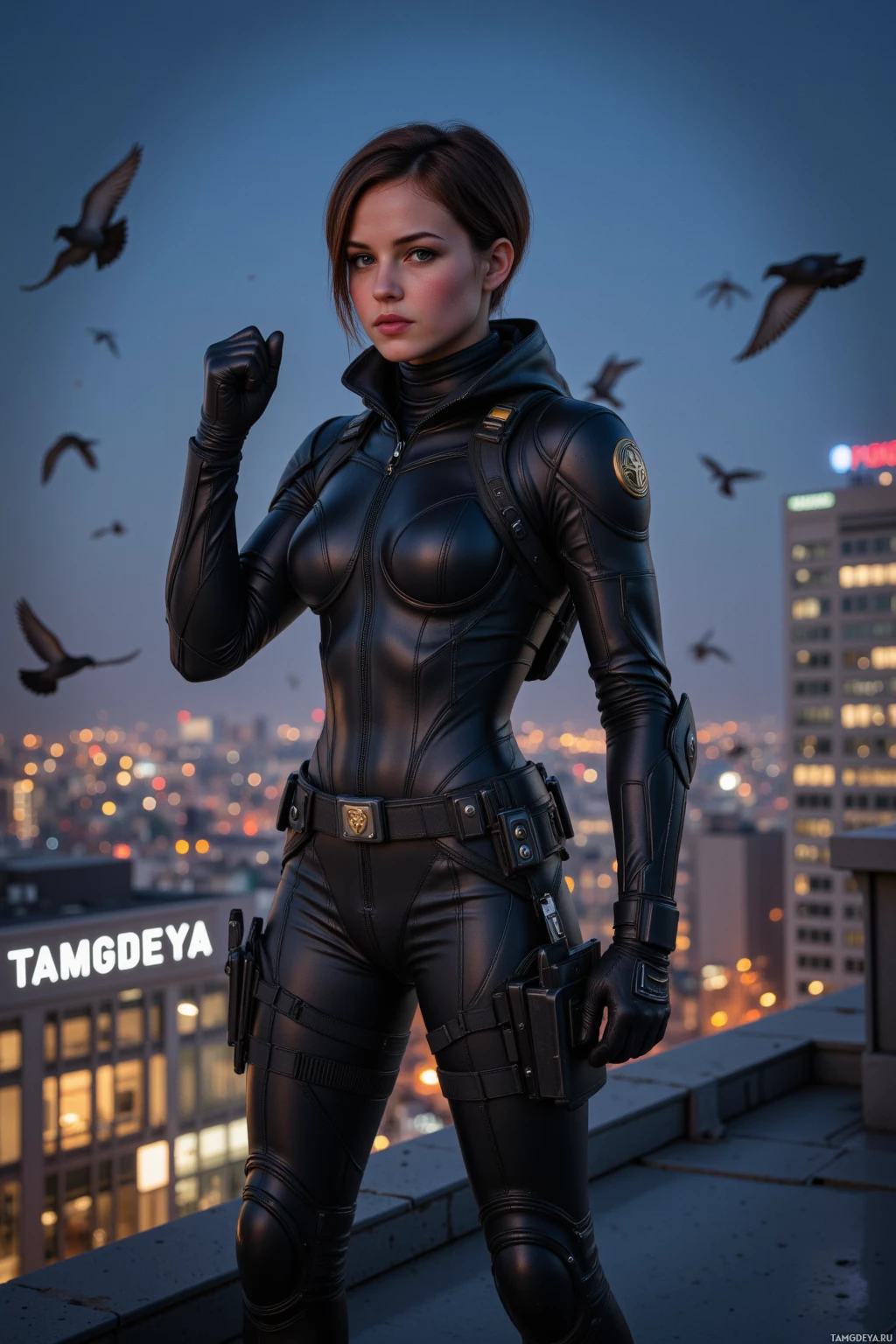 A woman in a black tactical outfit stands on a rooftop overlooking a cityscape at dusk.