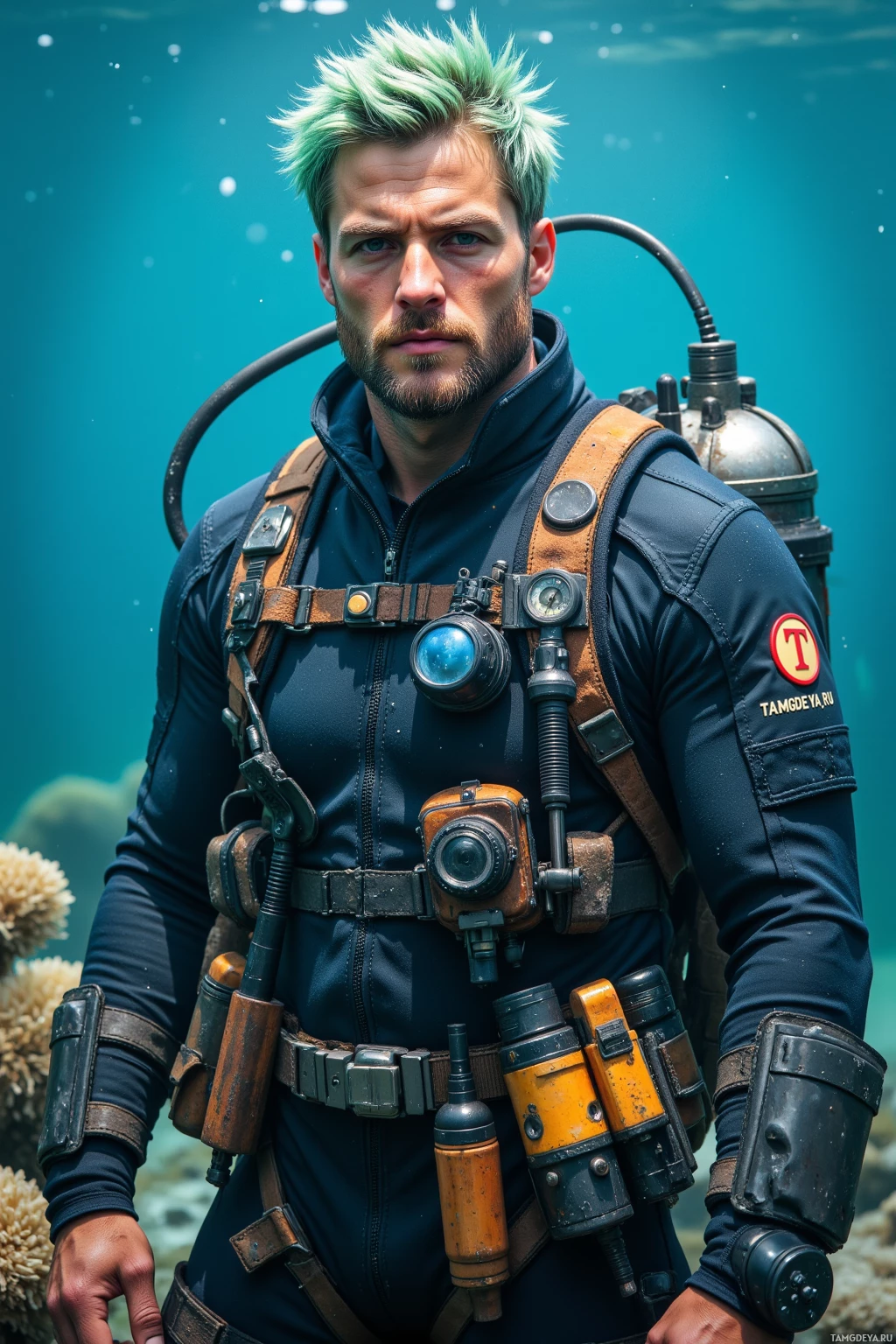 A person in a scuba diving suit with various gear and a breathing apparatus.