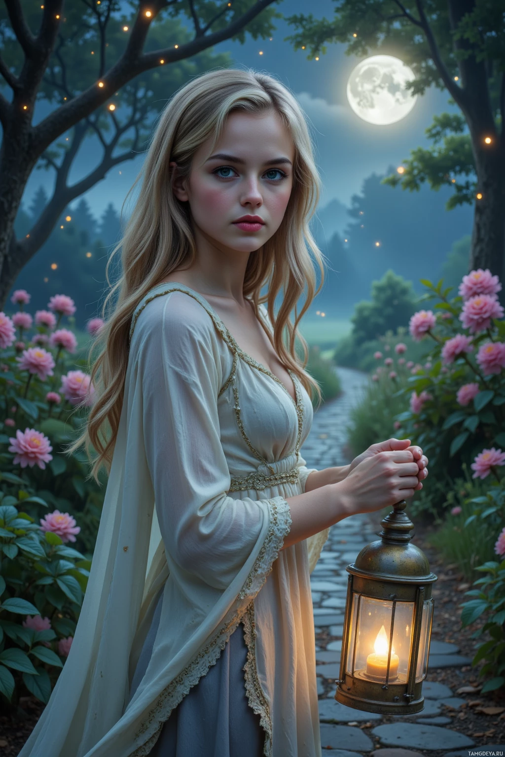 A woman in a flowing dress holds a lantern in a moonlit garden.