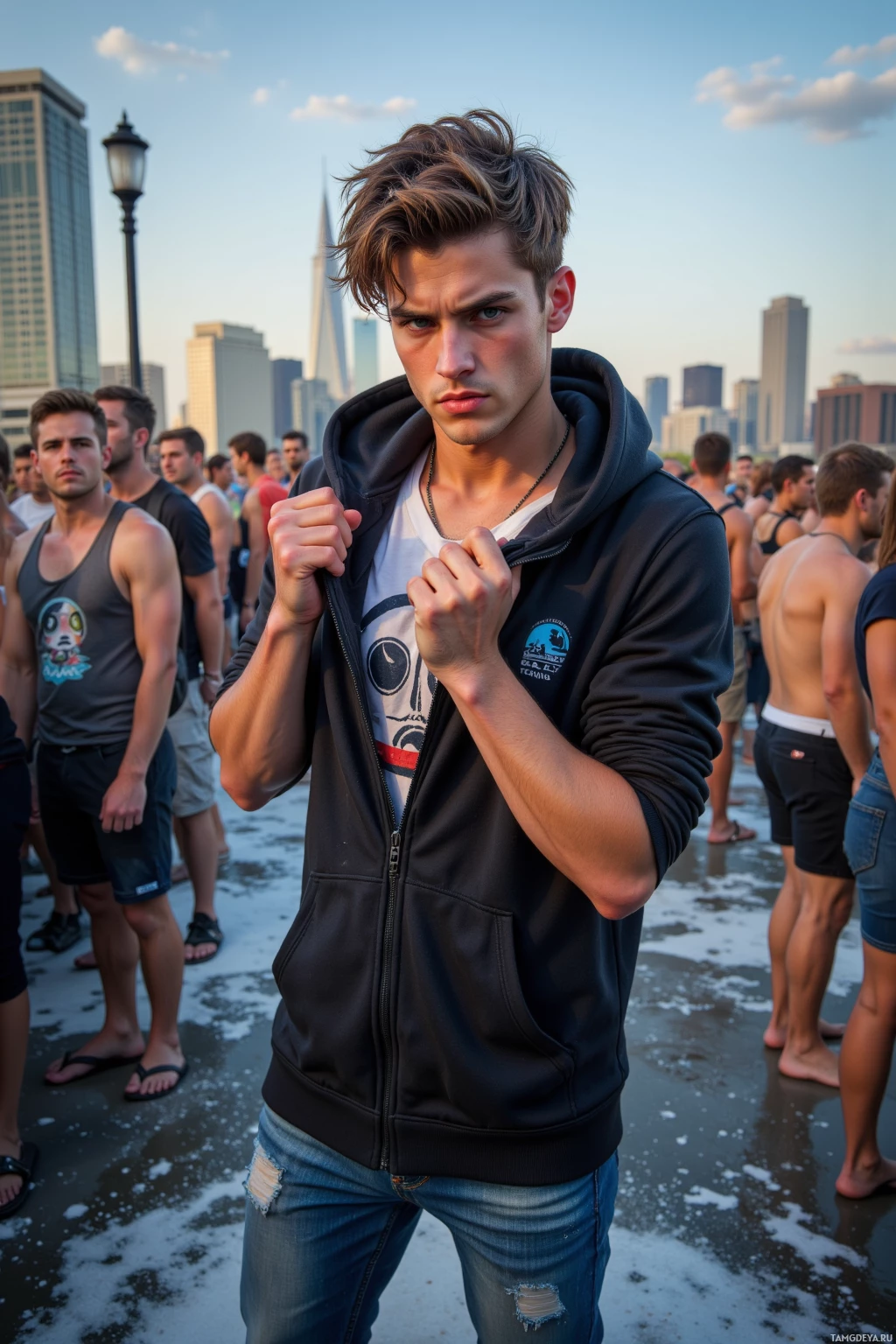 A young man in a hoodie and jeans stands on a beach with a city skyline in the background.