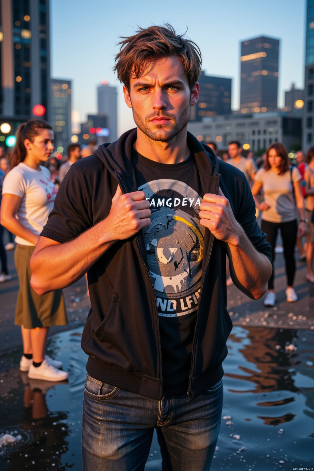 A man in a hoodie and jeans stands in a city setting with others in the background.