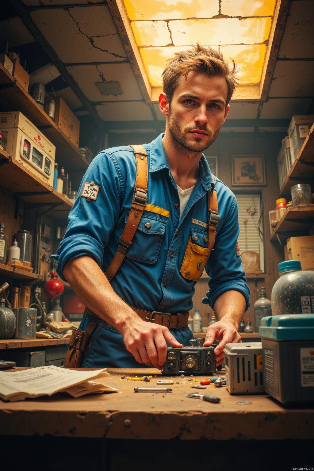 A man in a workshop wearing a blue shirt and suspenders, working on a camera.