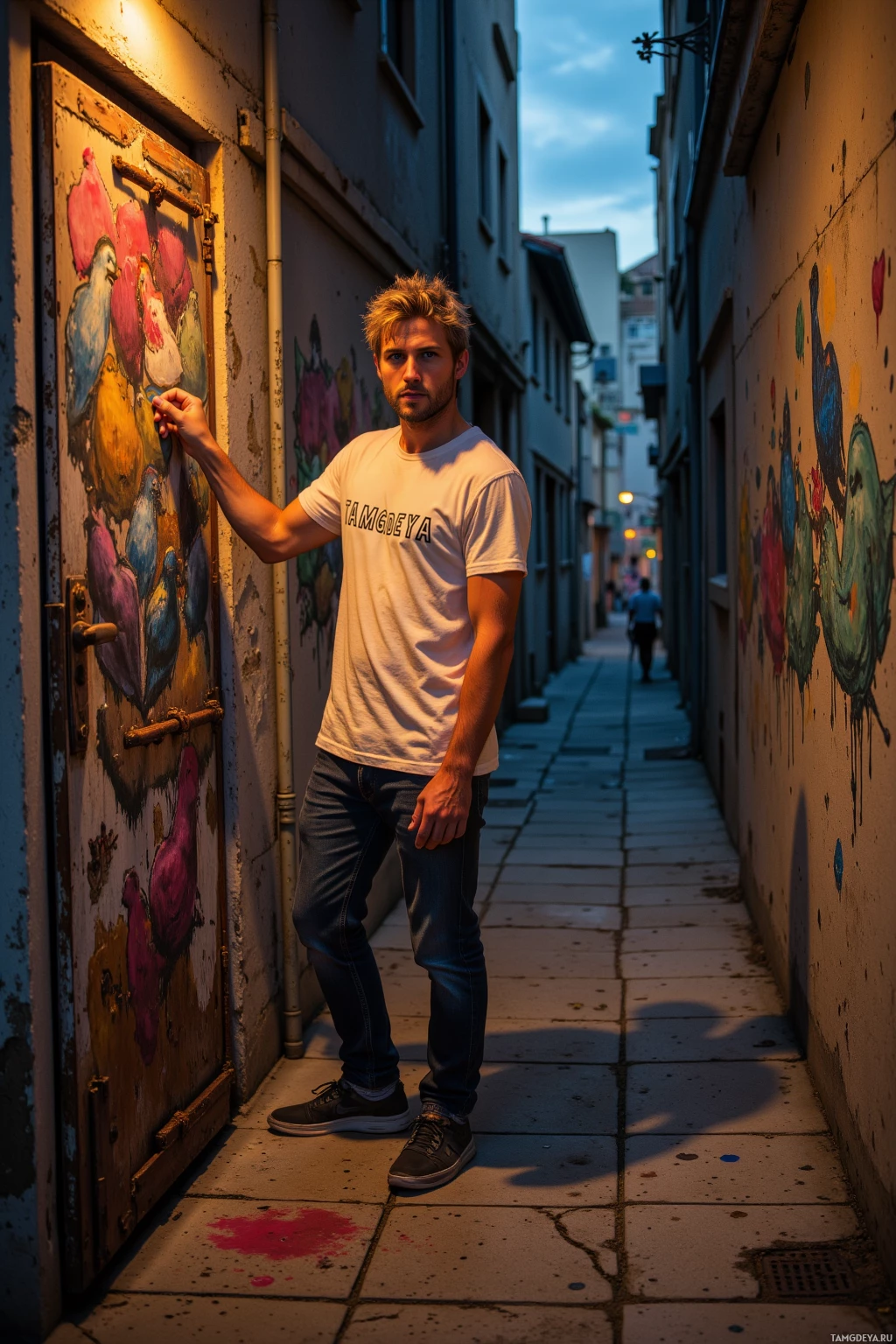A person stands in a narrow alleyway with colorful graffiti on the walls.