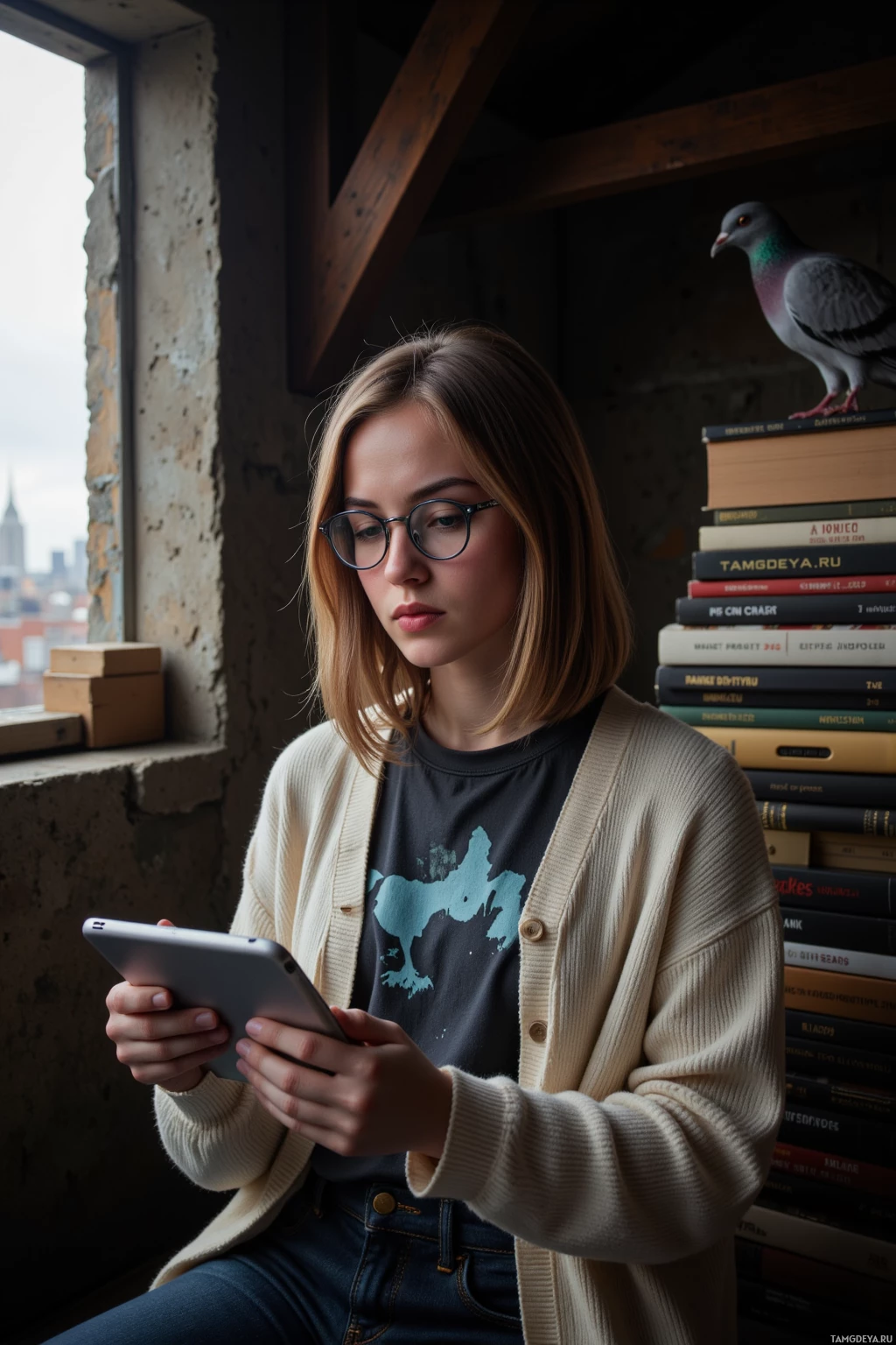 A person wearing glasses and a cardigan is holding a tablet, standing near a window with books and a bird poster in the background.