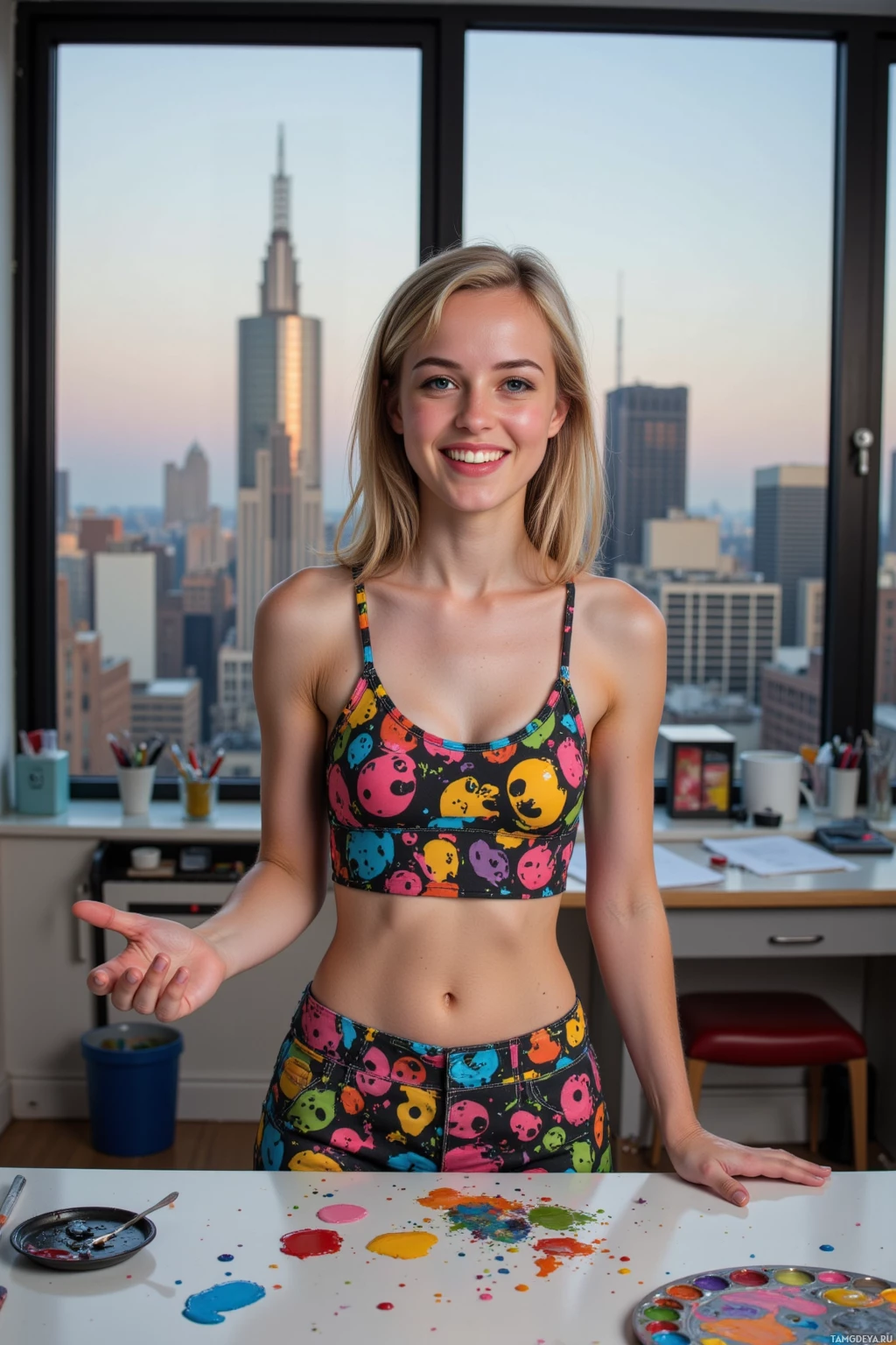 A person stands in front of a window with a cityscape view, wearing a colorful outfit and gesturing with their hand.