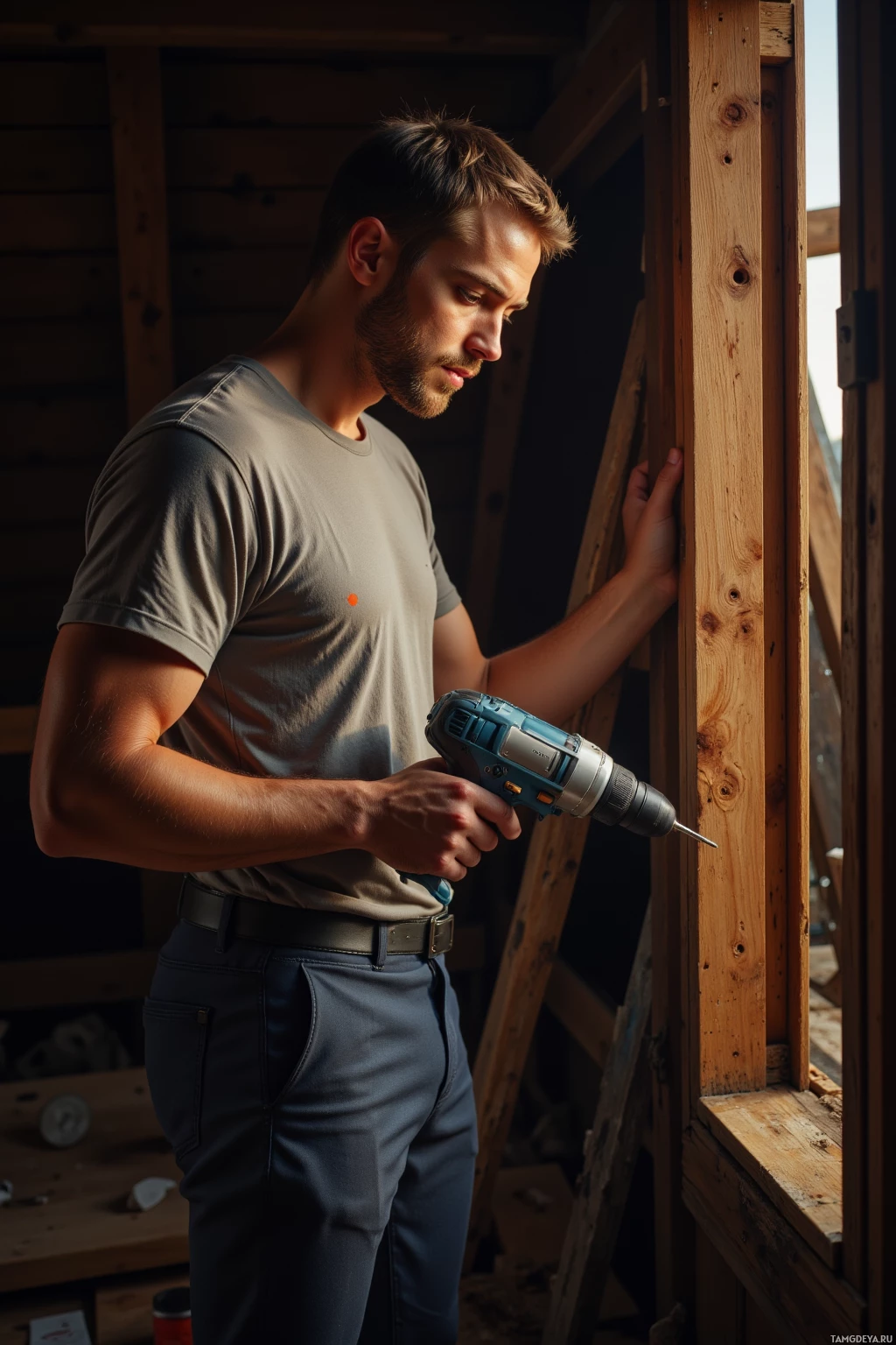 A man is using a drill to work on a wooden structure.