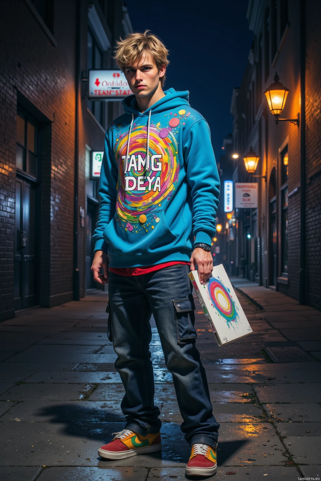 A person stands in a dimly lit alleyway at night, wearing a colorful hoodie and holding a book.