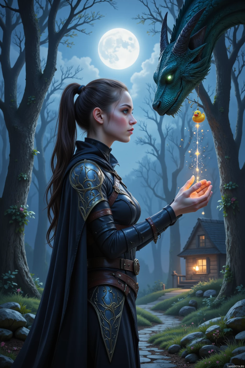 A woman in dark armor stands in a moonlit forest, gazing at a glowing dragon.