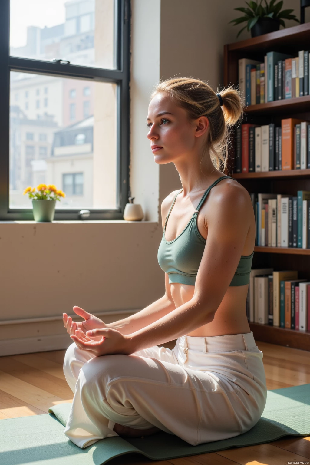 A woman practices yoga in a serene indoor setting with natural light.
