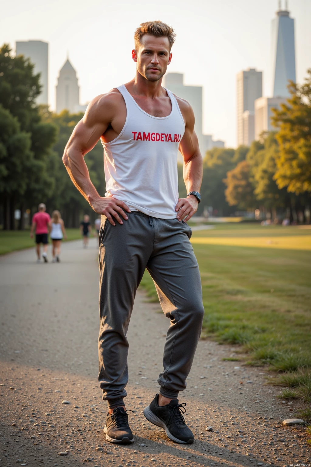 A muscular man in a white tank top and gray pants stands confidently on a path in a park with a city skyline in the background.