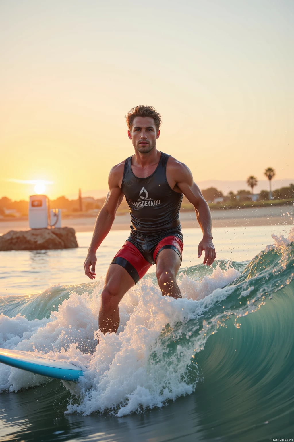 A surfer rides a wave at sunset.
