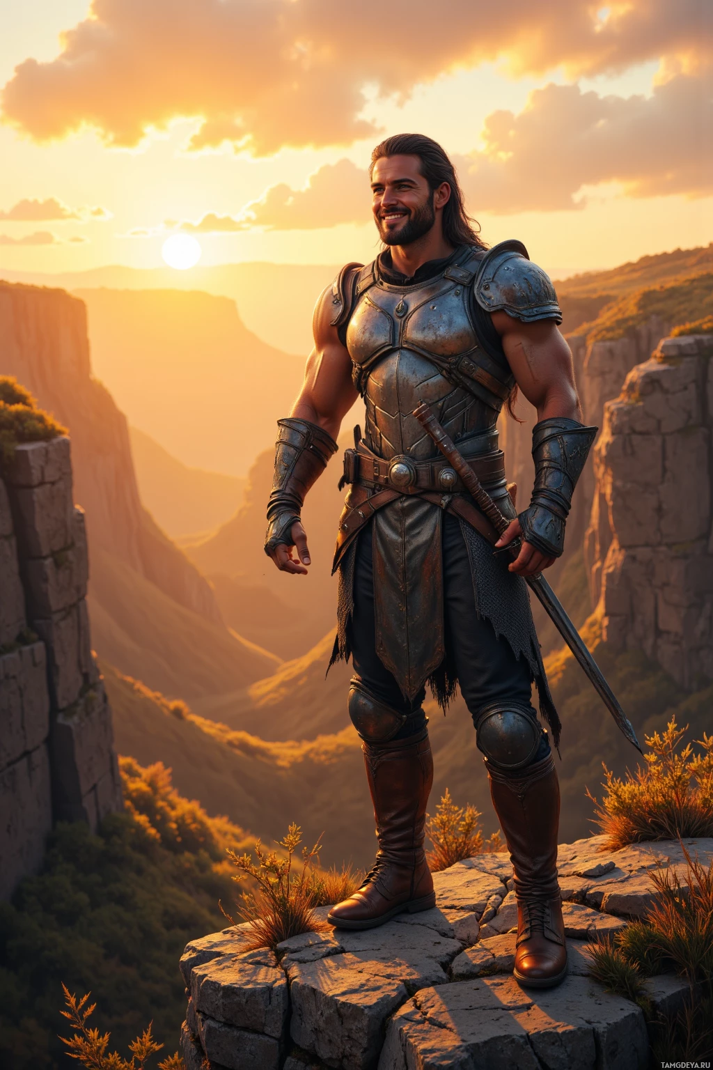 A warrior in armor stands on a rocky outcrop at sunset, holding a sword.