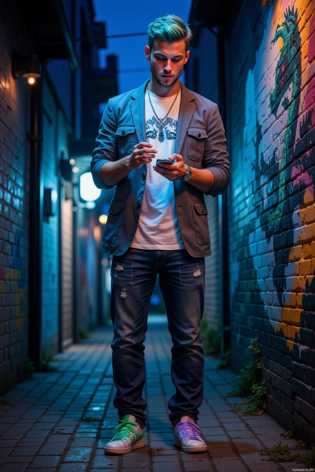 A man stands in an alleyway at night, looking at his phone.