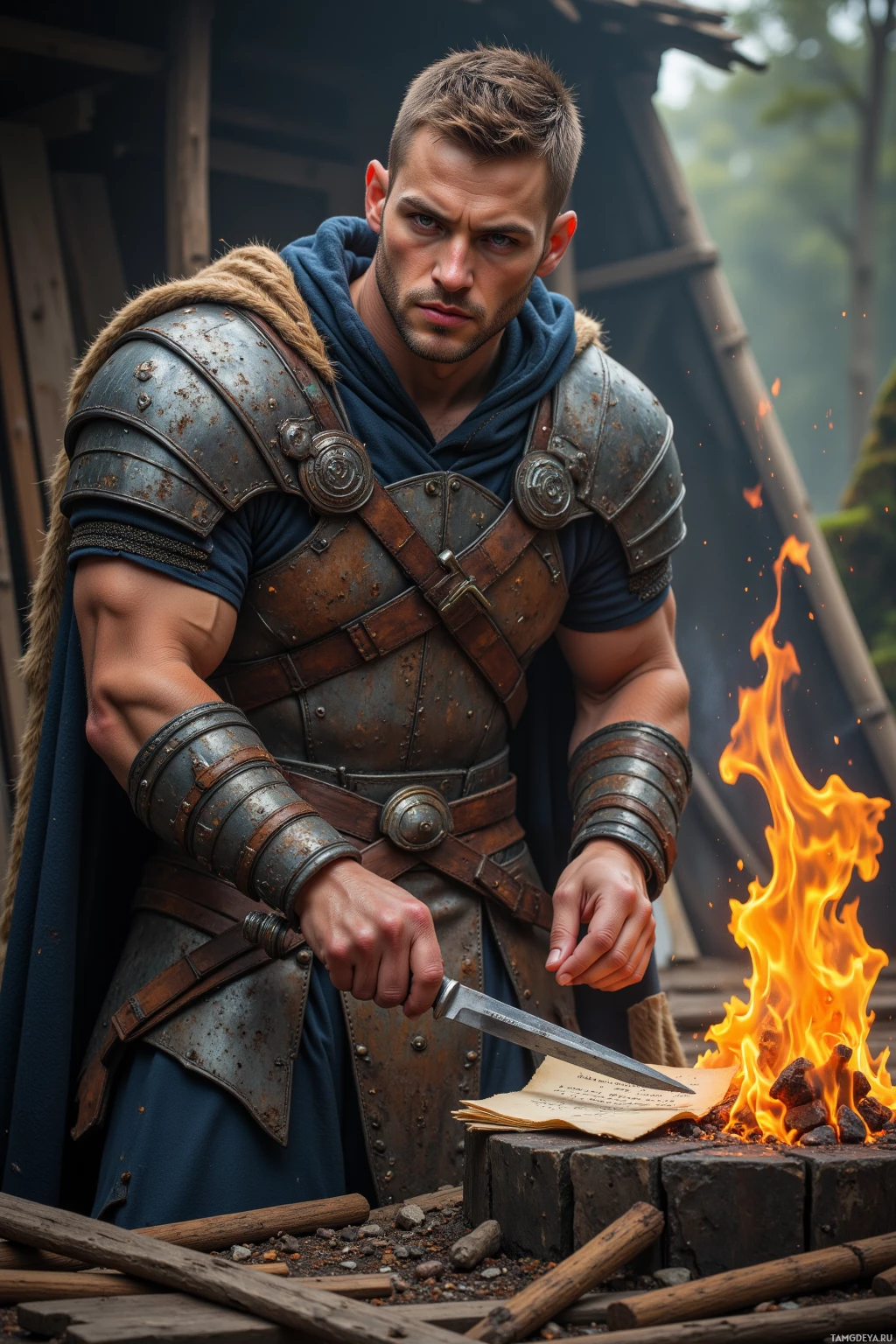 A warrior in armor stands beside a fire, holding a knife over a piece of parchment.