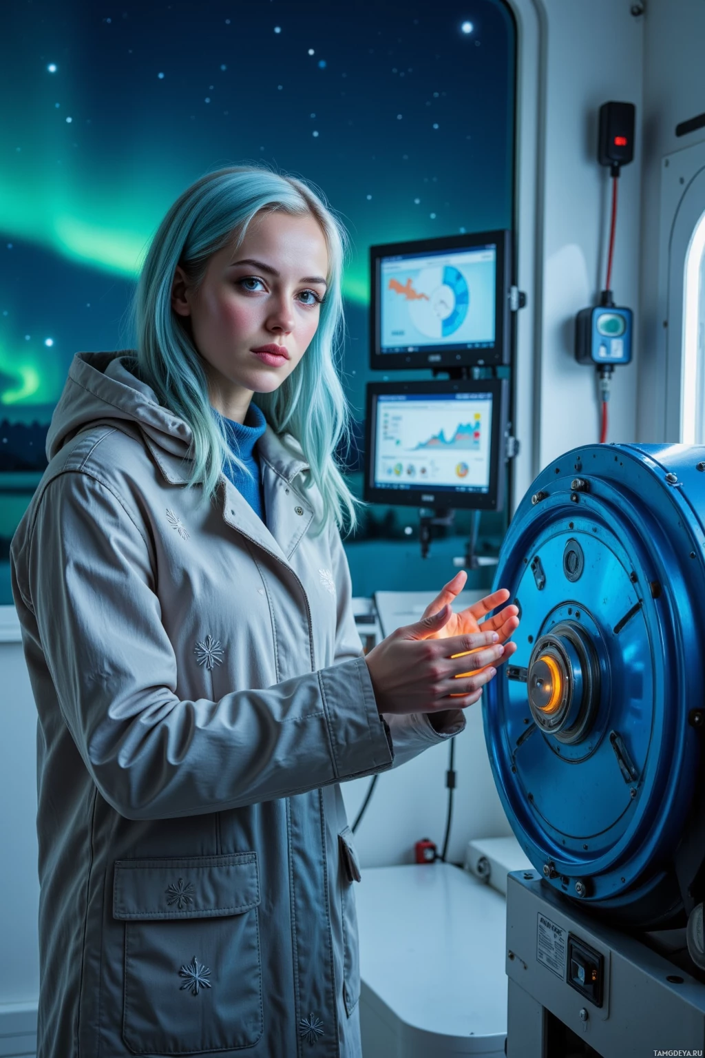 A person in a lab coat stands near a large machine with a glowing component, in front of a monitor displaying data.