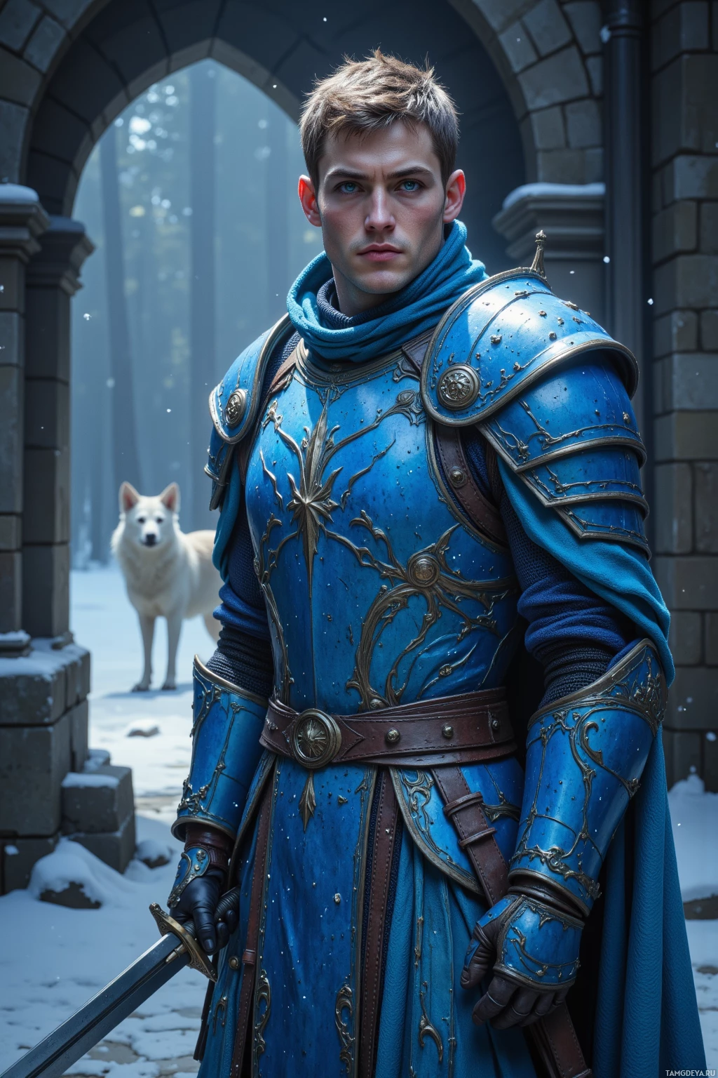 A knight in blue armor stands in a snowy courtyard, holding a sword, with a white dog in the background.