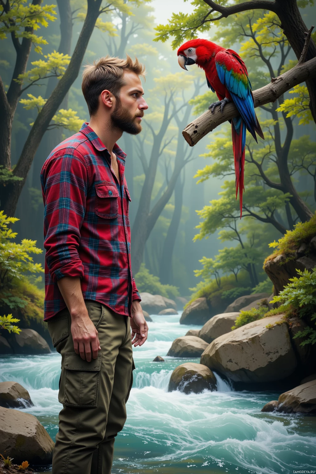 A man in a plaid shirt stands near a river with a parrot perched on a branch above him.